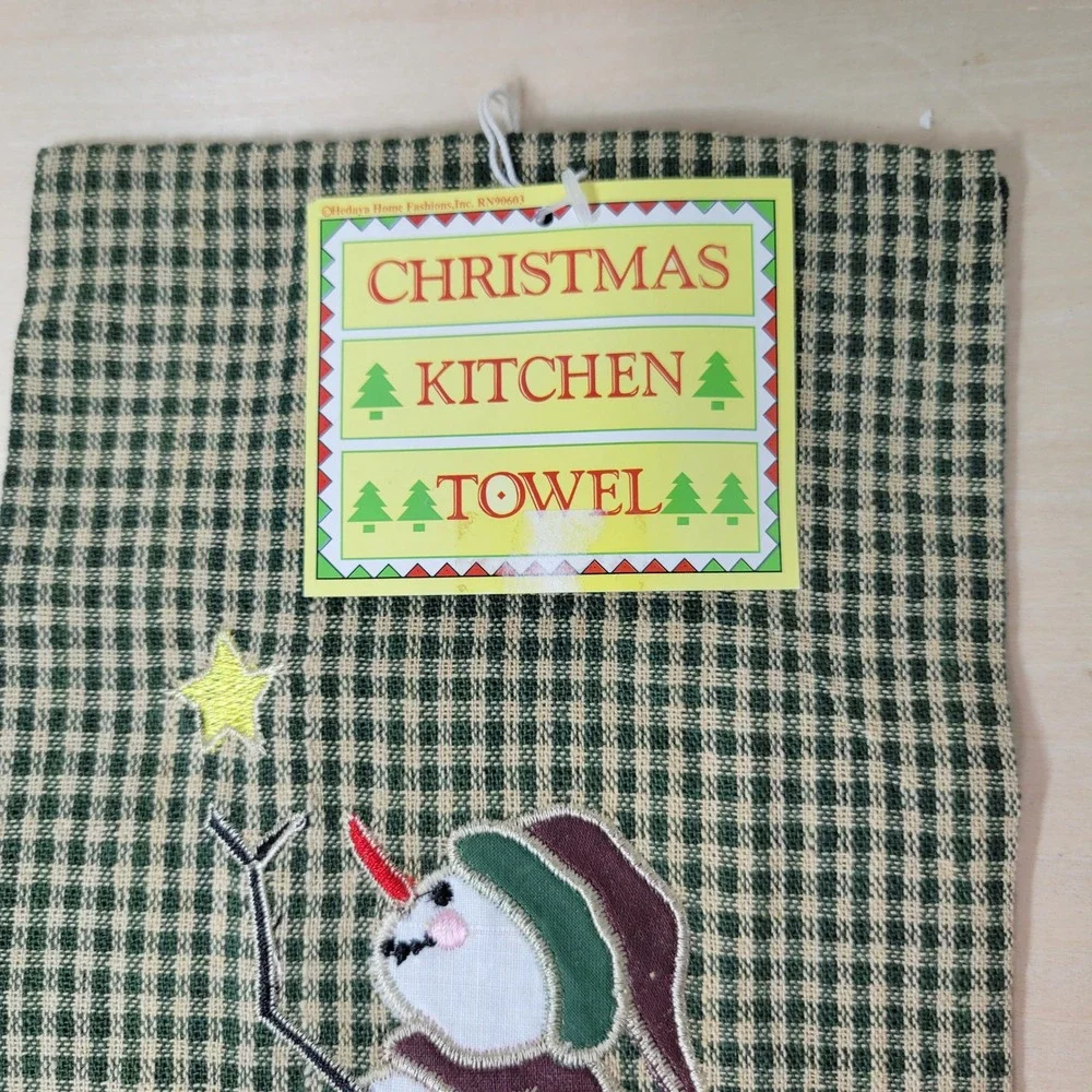 Christmas Kitchen Towel Snowman Embroidered Green Plaid‎ Holiday Decor New
